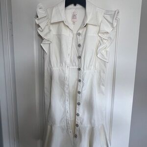 Cinq à Sept Off White Ruffle Sleeve Denim Midi Dress